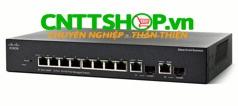 Switch Cisco SF302-08MP 8 10/100 Maximum PoE+ ports 124W, 2 combo mini-GBIC ports