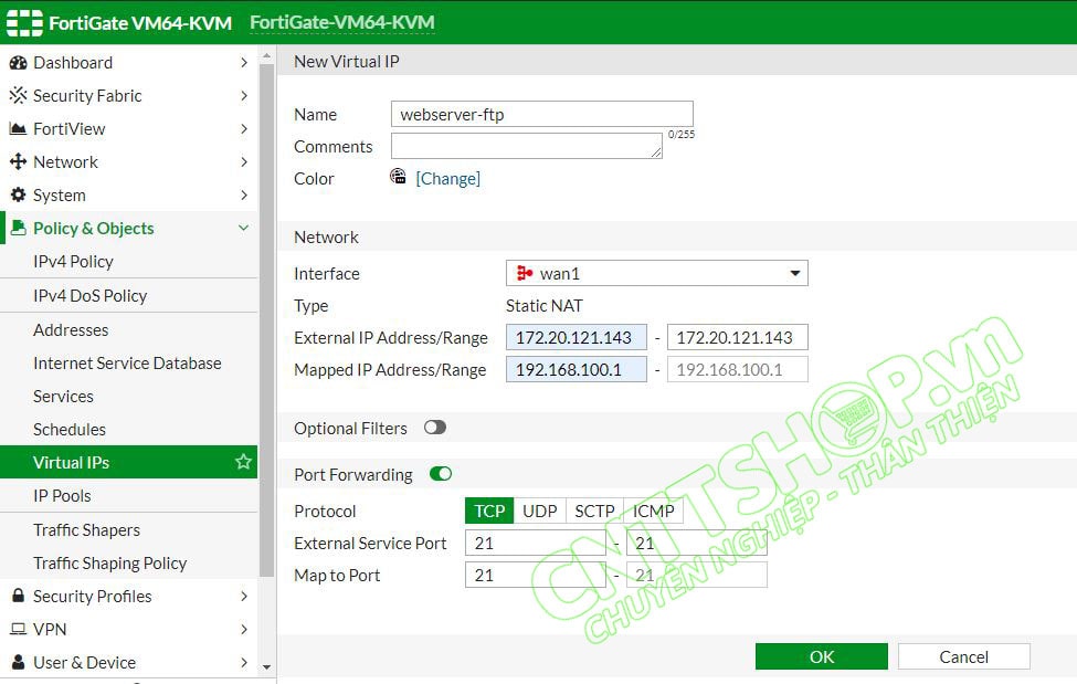 mở port 21 cho dịch vụ FTP trên firewall Fortigate