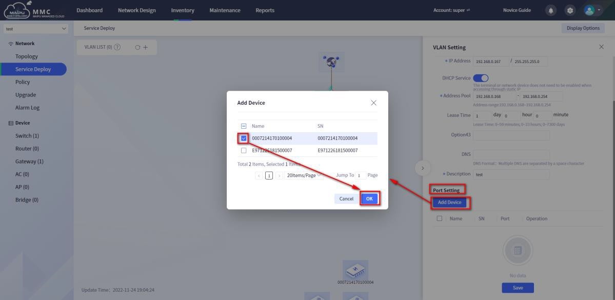 Add service configuration—port setting 