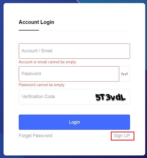 The register button of the login page