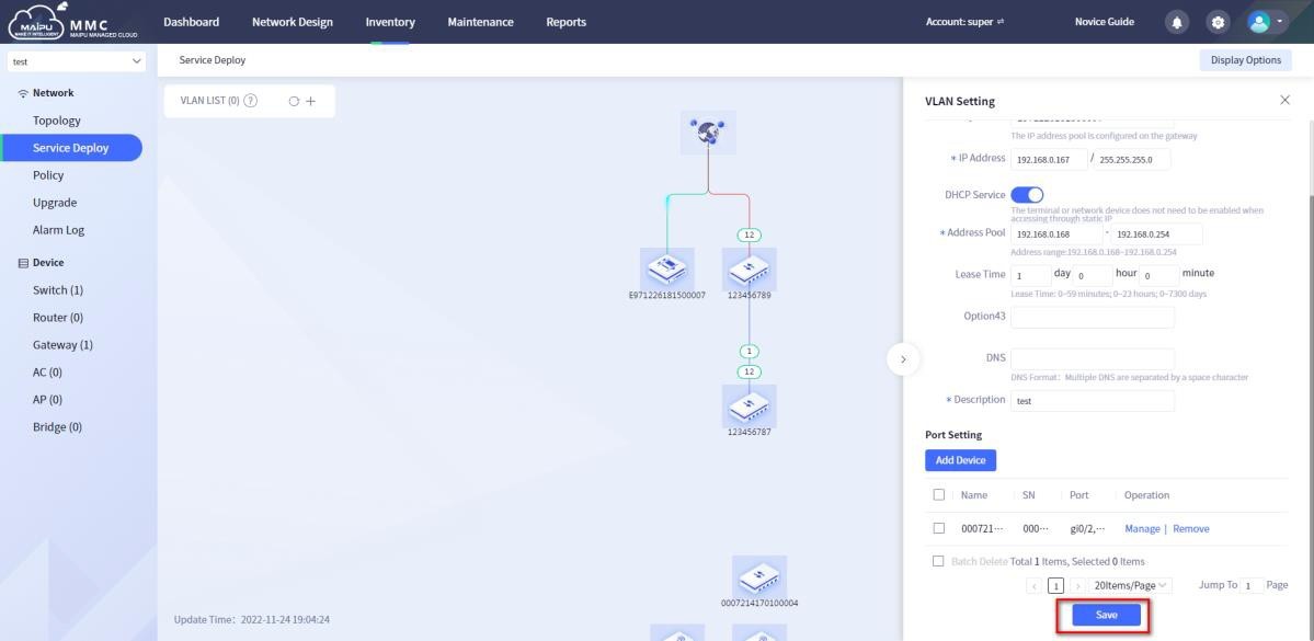 Add service configuration—save VLAN configuration