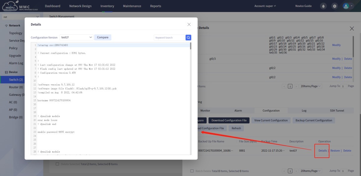 View switch configuration details