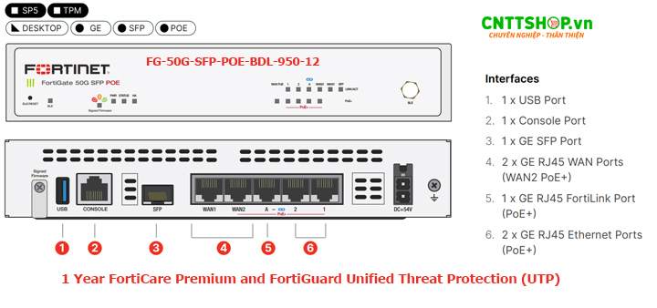 FortiGate FG-50G-SFP-POE-BDL-950-12 là gói thiết bị đi kèm dịch vụ bảo mật mạnh mẽ và tối ưu, phù hợp với các doanh nghiệp vừa và nhỏ. Với tính năng NGFW tích hợp SD-WAN, dịch vụ bảo mật FortiGuard 1 năm, cùng khả năng mở rộng linh hoạt,