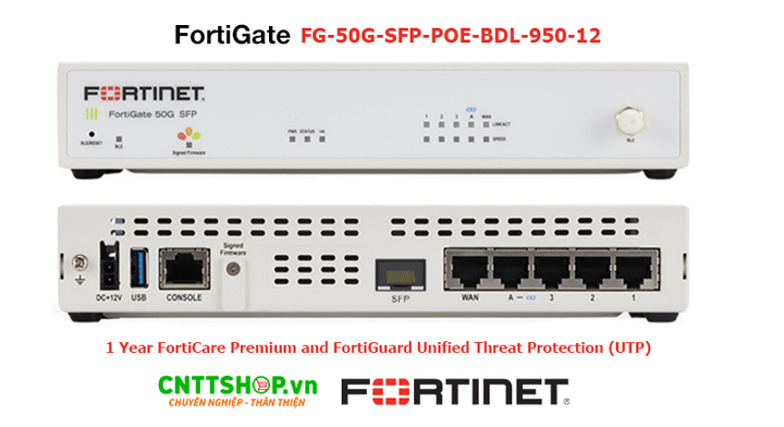 FortiGate FG-50G-SFP-POE-BDL-950-12 là bộ sản phẩm bao gồm thiết bị tường lửa FortiGate FG-50G-SFP-PoE cùng với 1 năm dịch vụ FortiCare Premium và FortiGuard Unified Threat Protection (UTP).