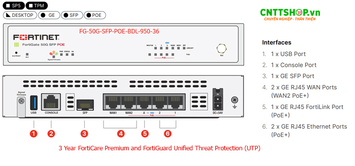 FortiGate FG-50G-SFP-POE-BDL-950-36 là gói giải pháp bảo mật mạnh mẽ, kết hợp tính năng tường lửa thế hệ mới và SD-WAN, đáp ứng nhu cầu bảo mật và quản lý mạng của doanh nghiệp vừa và nhỏ. Với gói dịch vụ bảo mật FortiGuard trong 3 năm 