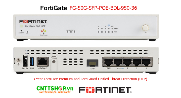 FortiGate FG-50G-SFP-POE-BDL-950-36 là gói thiết bị tường lửa thế hệ mới (NGFW) chính hãng Fortinet, bao gồm thiết bị FG-50G-SFP-POE và 3 năm sử dụng gói bảo mật cao cấp FortiGuard Unified Threat Protection (UTP) cùng dịch vụ FortiCare Premium.