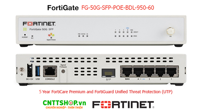 FortiGate FG-50G-SFP-POE-BDL-950-60 là thiết bị tường lửa NGFW của Fortinet, thiết kế nhỏ gọn, không sử dụng quạt, tiết kiệm chi phí và phù hợp cho các doanh nghiệp vừa và nhỏ.