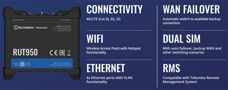 RUT950 Router Industrial Teltonika 1x WAN, 3x LAN, 4G/LTE, Wifi
