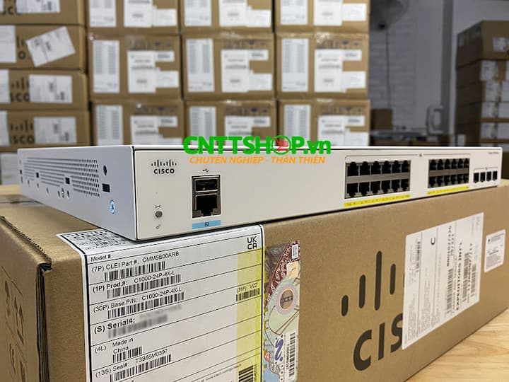 24 cổng RJ45 hỗ trợ PoE+ công suất 195W của thiết bị Switch Cisco C1000-24P-4X-L