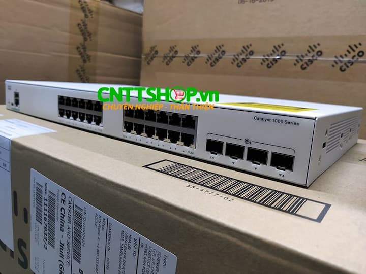 Switch Cisco C1000-24T-4X-L được trang bị 24 cổng kết nối RJ45 cùng 4 cổng SFP+ 