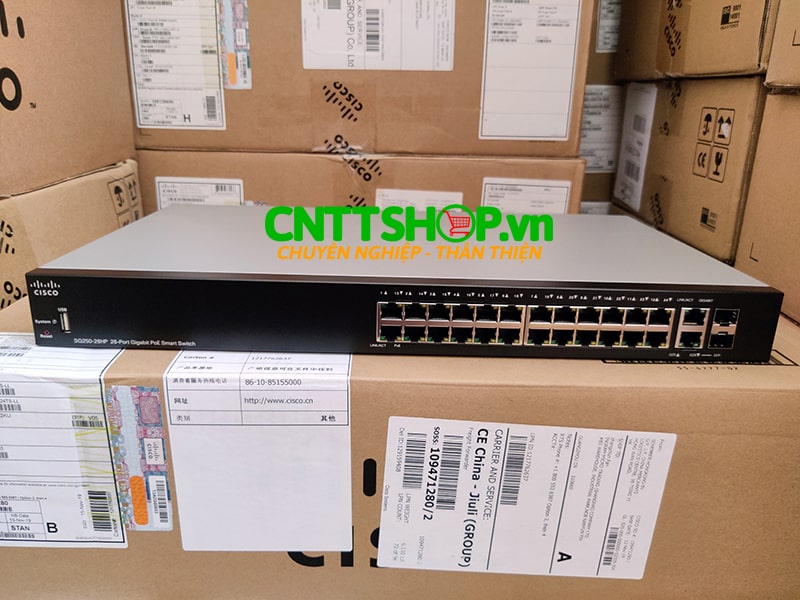 Switch Cisco SG250-26HP-K9-EU 24 10/100/1000 PoE+ ports with 100W power budget, 2 Gigabit copper/SFP ports