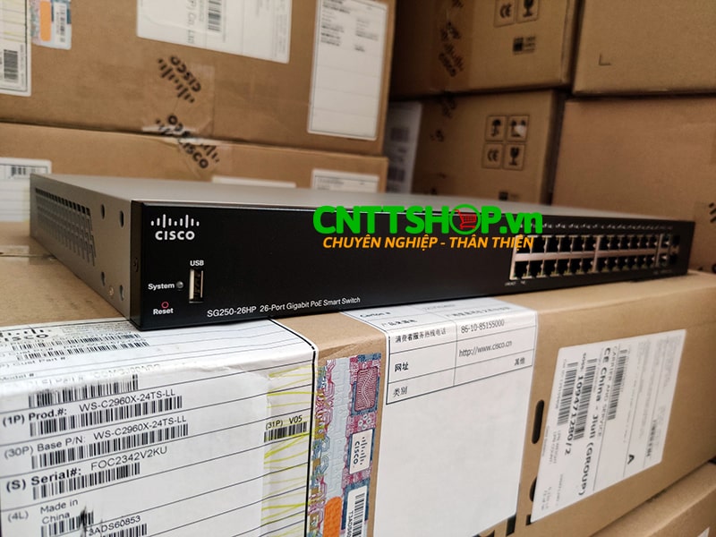 Switch Cisco SG250-26HP-K9 24 10/100/1000 PoE+ ports with 100W power budget, 2 Gigabit copper/SFP ports