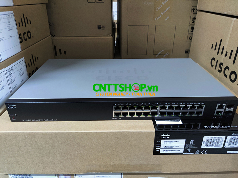 Switch Cisco SF220-24P 24 10/100 Ports PoE 180W, 2 Gigabit RJ45/SFP combo port