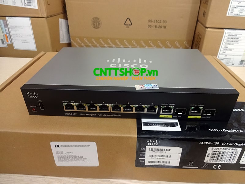 Switch Cisco SG350-10P 8 10/100/1000 ports with 62W power budget, 2 combo mini-GBIC ports