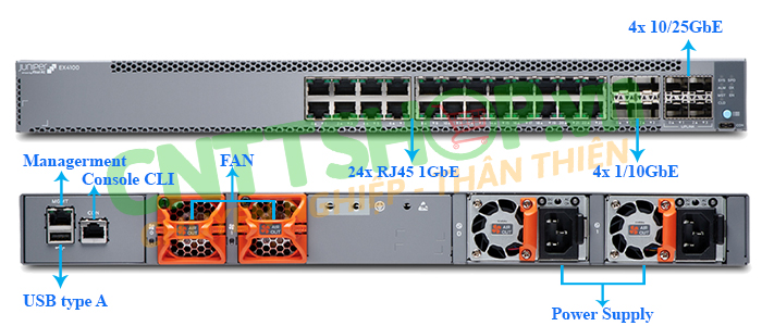 Switch Juniper EX4100-24T với 24 cổng mạng RJ45 1GbE, 4x uplink SFP+, 4x 25 GbE Uplink/Stack