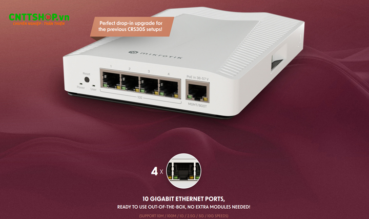 MikroTik CRS304-4XG-IN là switch Ethernet nhỏ gọn nhưng mạnh mẽ, được thiết kế để đơn giản hóa xây dựng hệ thống mạng 10 Gigabit