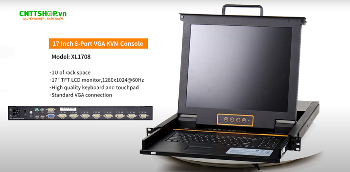 Kinan XL1708 là thiết bị chuyển mạch KVM (Keyboard, Video, Mouse) chuẩn VGA, trang bị màn hình LCD 17 inch, bàn phím và trackpad trong một thiết kế nhỏ gọn 1U