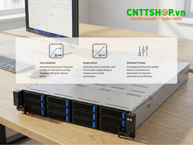 ASUS RS70-E11-RS12U là dòng máy chủ Rack 2U với vi xử ý Intel Xeon Scalable thế hệ thứ 4 và thứ 5