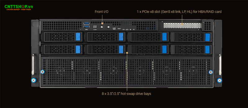 8 bay ổ cứng linh hoạt ở phía mặt trước của máy chủ