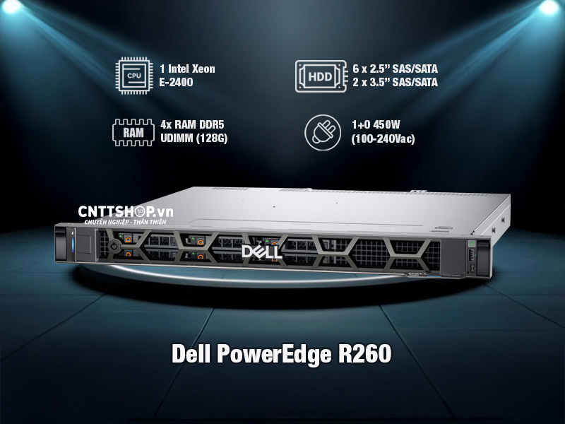 Máy chủ Dell PowerEdge R260 Rackmount 1U, 1 Socket, CPU Intel Xeon E-2400