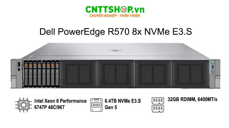 Cấu hình 8x EDSFF NVMe E3S Dell R570