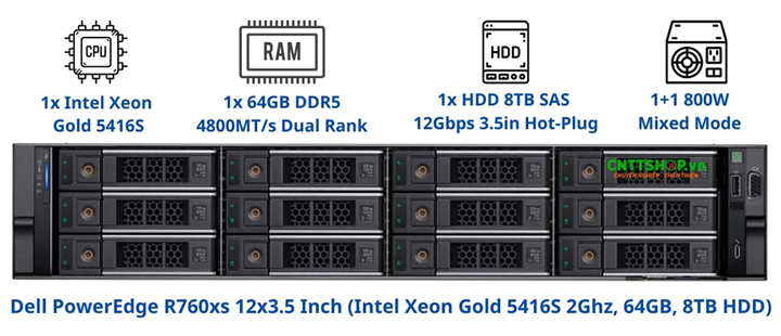 Dell PowerEdge R760xs 12x3.5 Inch là máy chủ rack 2U với chassis 12 bay ổ cứng 3.5 inch, khả năng mở rộng linh hoạt