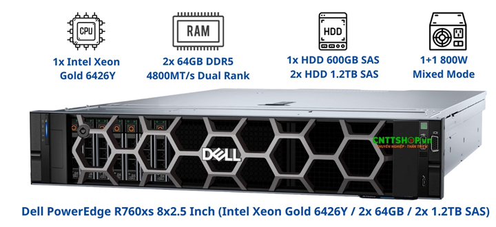 Máy chủ Dell PowerEdge R760xs được trang bị sẵn 2 CPU Intel Xeon Gold 6426Y