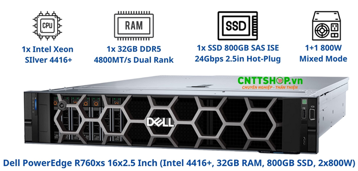 Dell PowerEdge R760xs 16x2.5 Inch (Intel 4416+, 32GB RAM, 800GB SSD, 2x800W)