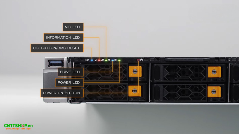 Nút khởi động và các đèn LED trạng thái trên máy chủ