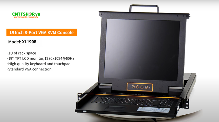 Kinan XL1908 là thiết bị quản trị máy chủ KVM kích thước 1U, tích hợp màn hình LCD 19 inch, cho phép kết nối đến 8 máy chủ qua cổng VGA và mở rộng qua cổng Daisy-chain.