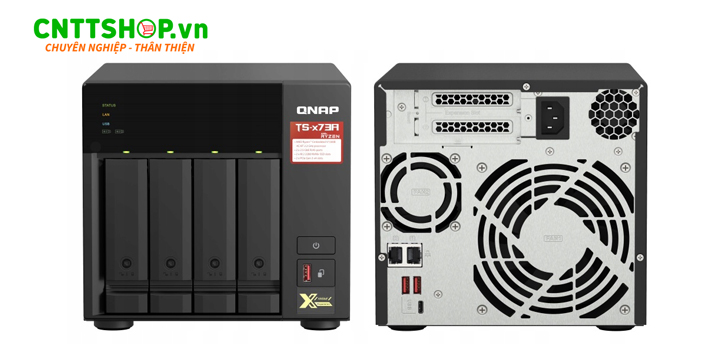 NAS QNAP TS-473A-8G hỗ trợ 4 bay ổ cứng 3.5/2.5 inch, cung cấp thêm 96TB dung lượng lưu trữ khi trang bị đầy đủ và có khả năng mở rộng