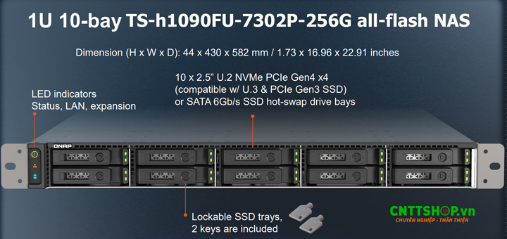 QNAP TS-h1090FU-7302P-256G là thiết bị NAS dạng rackmount 1U hiệu năng cao, hỗ trợ 10 bay SSD 2.5 inch U.2 NVMe