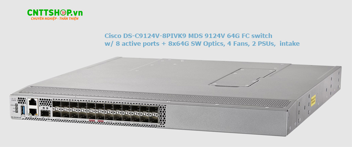 Cisco DS-C9124V-8PIVK9 là thiết bị chuyển mạch SAN tùy chỉnh từ nền thiết bị MDS 9124V của Cisco, với 24 cổng Fibre Channel hỗ trợ tốc độ 64-Gbps. Thiết bị này được kích hoạt sẵn 8 cổng