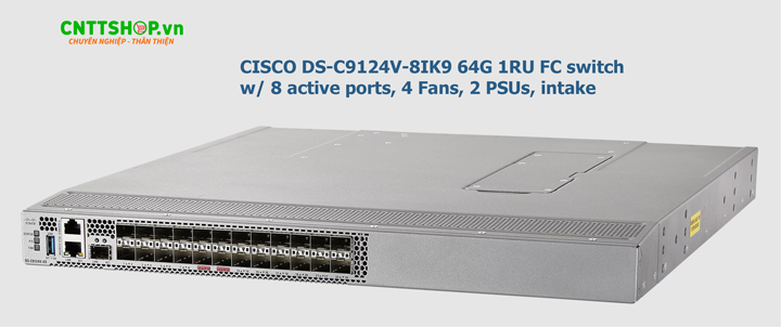 Cisco DS-C9124V-8IK9 là thiết bị chuyển mạch SAN MDS 9124V 64-Gbps 24-Port Fibre Channel, được tùy chỉnh với 8 cổng Fibre Channel 64-Gbps được kích hoạt sẵn