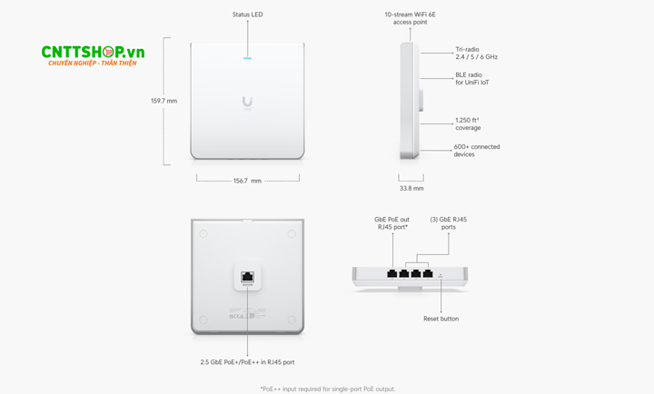 biquiti UniFi U6 Enterprise In-Wall (U6-Enterprise-IW) là thiết bị phát WiFi 6/6E tri-band (2.4GHz, 5GHz và 6GHz), cung cấp tốc độ truyền tải lên đến 10Gbps