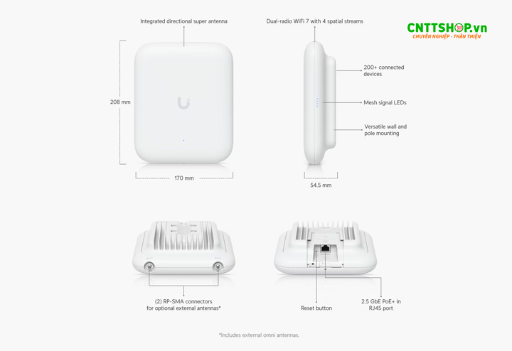 UniFi U7 Outdoor mô tả sản phẩm, sổ cổng và giao diện bên ngoài