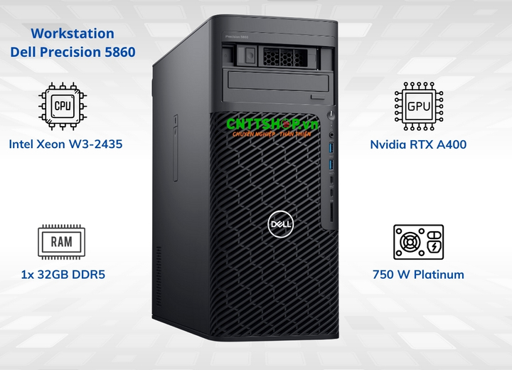 Dell Precision 5860 Tower với CPU Intel Xeon W3-2435, GPU NVIDIA RTX A400 và RAM 32GB DDR5 ECC