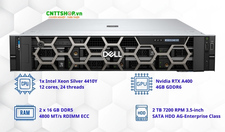 Dell Precision 7960 Rack là máy trạm dạng rack 2U, hỗ trợ hai CPU mạnh mẽ. Máy được trang bị CPU Intel Xeon Silver 4410Y, 32GB RAM DDR5 và GPU NVIDIA RTX A400 4GB GDDR6