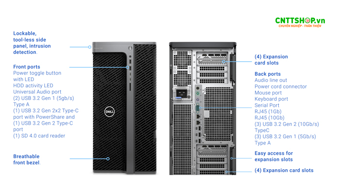 Dell Precision 7960 Tower Cổng kết nối với thiết bị ngoại vi và hỗ trợ WiFi 6E