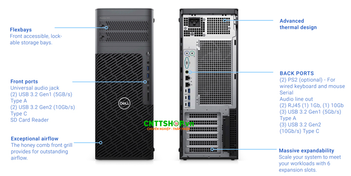 Dell Precision 7875 Tower được trang bị đầy đủ các cổng kết nối tới thiết bị ngoại vi hiện đại