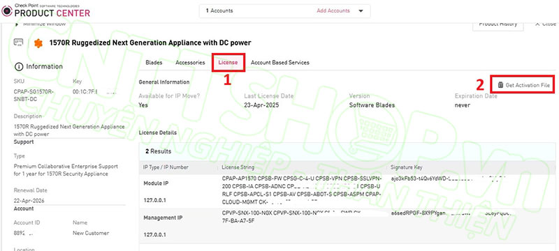 chuyển sang tab License và chọn Get activation File