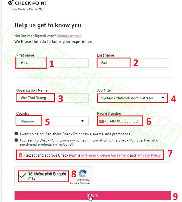 nhập đầy đủ thông tin tài khoản và nhấn Submit