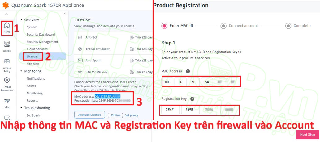 nhập địa chỉ MAC và registration key để đăng ký thiết bị