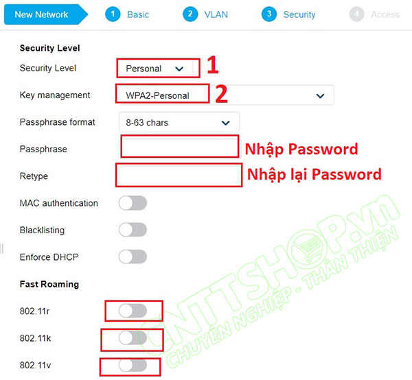 thiết lập mật khẩu và fast roaming cho SSID