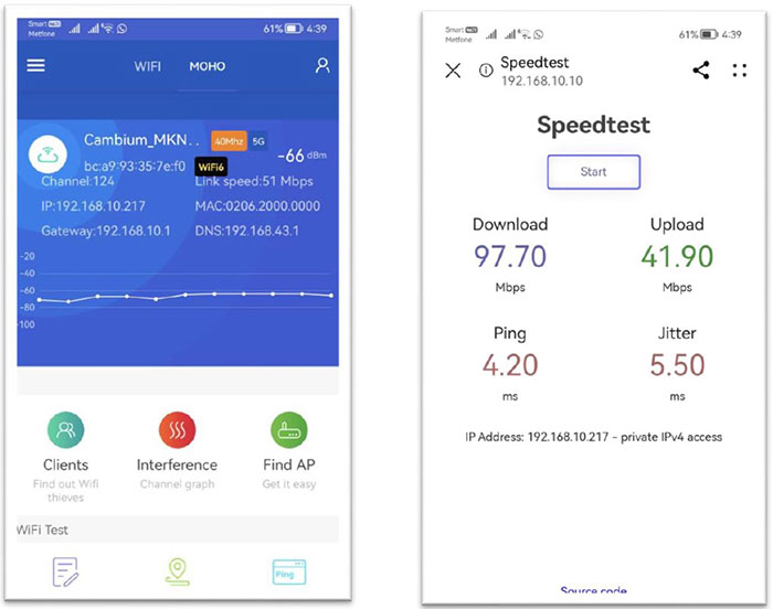 Hình 7: Speedtest trên điện thoại Huawei ở khoảng cách 260m