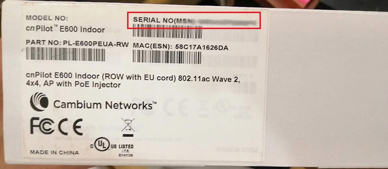 Xem số serial trên vỏ hộp của wifi cambium