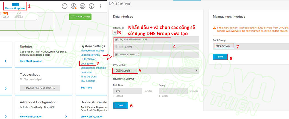cấu hình DNS Server cho cổng mgmt và inside