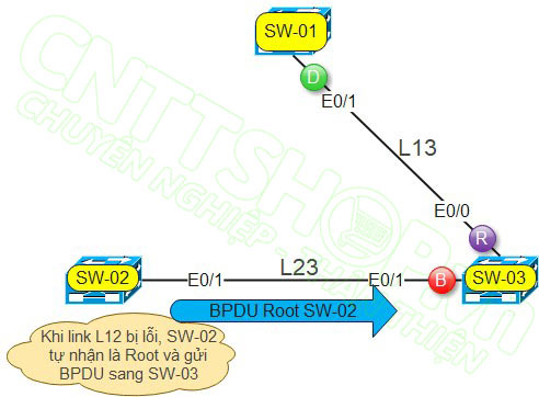 khi link l12 bị lỗi, switch 2 tự nhận mình là Root và gửi BPDU ra