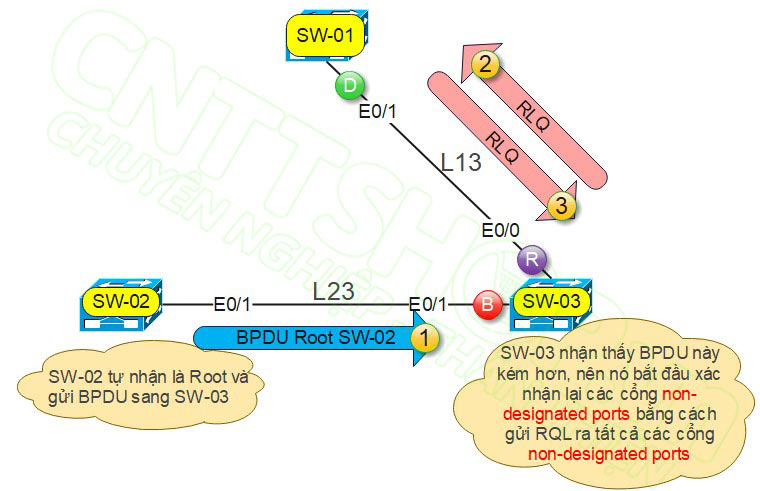 sw-03 sẽ gửi RLQ PDU ra cổng E0/1 tới Root switch