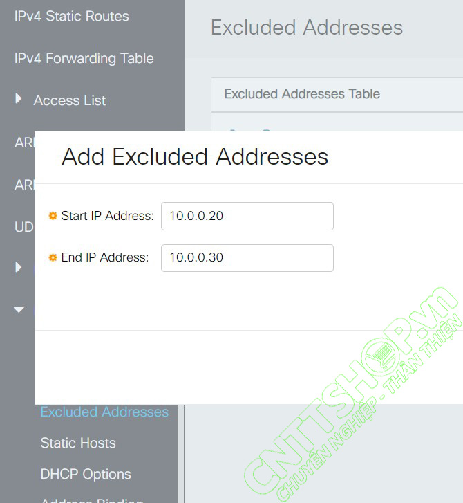 tạo excluded address để loại bỏ 1 số IP khỏi DHCP pool